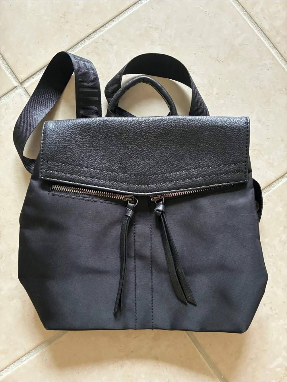 Botkier Black Nylon & Leather Backpack with Zip Front